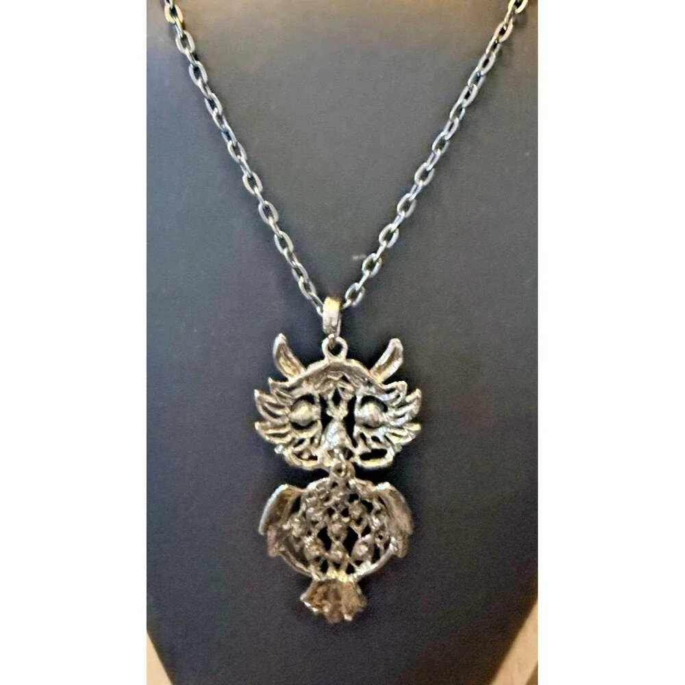 Vtg Owl Necklace Articulated Gun Metal Tone Rhinestone Eyes and Body 34